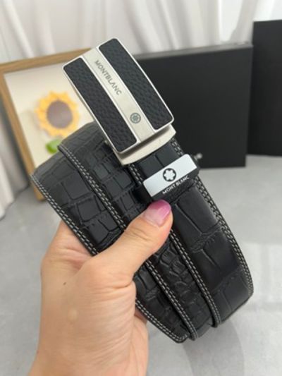 1:1  Montblanc Black Leather Belt with  Logo Buckle Silver and Black Alternating Buckle 3.5cm